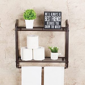 lot 51243 image: Bathroom Shelf with Towel Bar,Rustic Bathroom Shelves Wall Mounted,2 Layer Storage Shelves for Kitchen,Metal Floating Shelves,Industrial Bathroom Shelves,Bronze