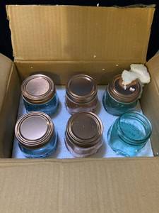 lot 51303 image: 6 COLORED GLASS MASON JAR 1 MISSING LID