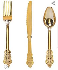 lot 76500 image: WDF-300 Pieces Gold Plastic Silverware- Disposable Flatware -Heavyweight Plastic Cutlery- Includes 100 Forks, 100 Spoons, 100 Knives