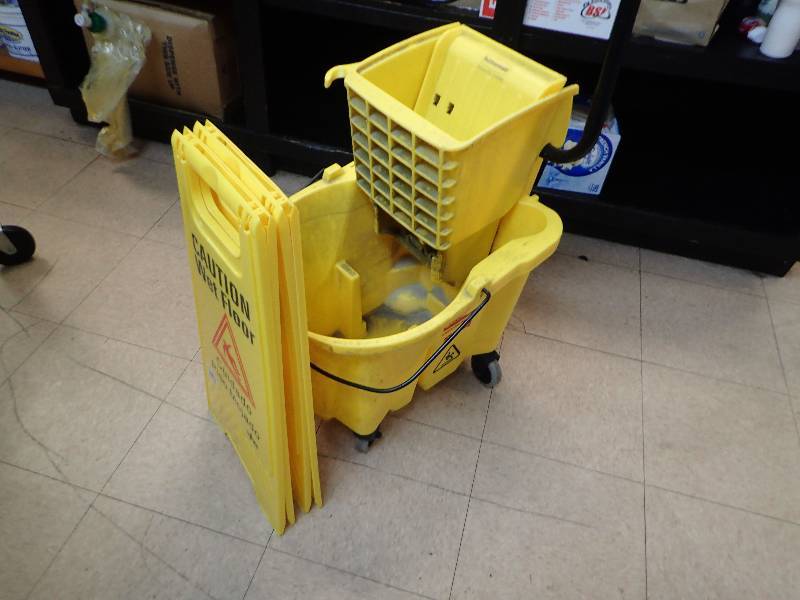 lot 1841 image: Rubbermaid Mop Bucket With (2) Wet Floor Signs Mop Included