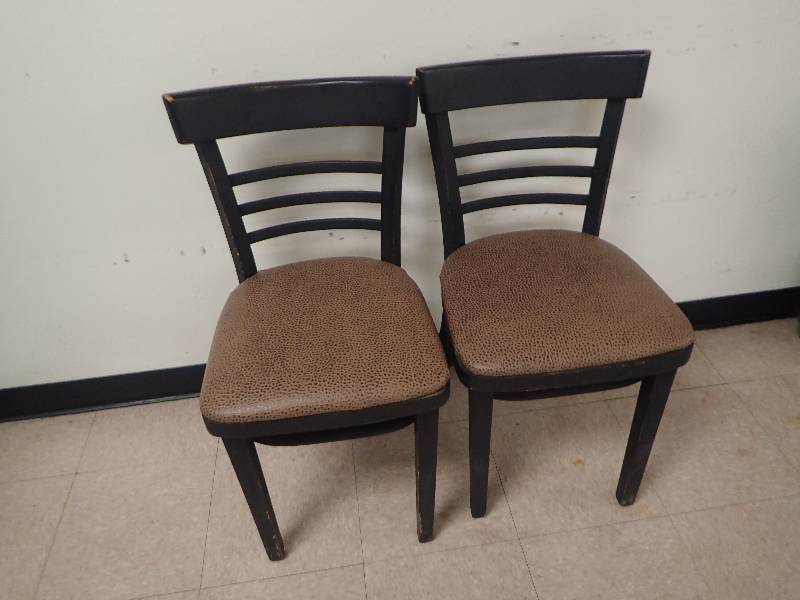lot 1627 image: (2) Wood Frame Ladder Back Vinyl Padded Seating Chairs