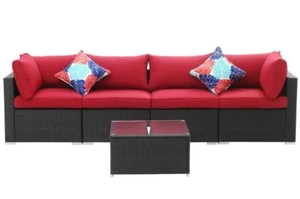 lot 60007 image: Ovastlkuy Black 5-Piece Outdoor Wicker Rattan Chair Sofa with Red Cushion Retail $849.99