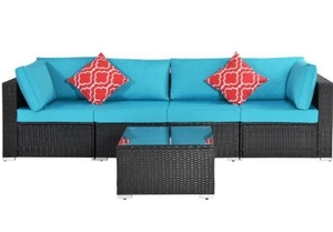 lot 60008 image: Ovastlkuy Black 5-Piece Wicker Outdoor Sectional Set with Blue Cushions Retail $849.99