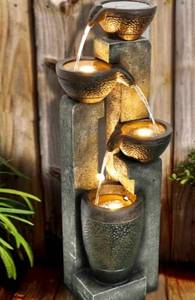 lot 51017 image: 40 in. Resin Fiber Modern Outdoor Fountain, 4-Tier Garden Water Feature wSoothing Sounds & LED Lights for House Office