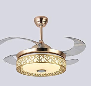 lot 51029 image: 42 Invisible Ceiling Fan Light Retractable 4 Blade Ceiling Fan Light Chandelier w Music Player for Living roomRestaurantDining Room (Gold)