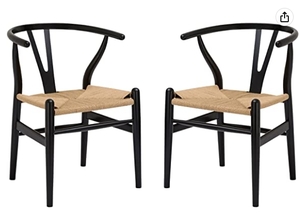 lot 60005 image: Poly and Bark Weave Modern Wooden Mid-Century Dining Chair, Hemp Seat, Black (Set of 2) Retail $360.99