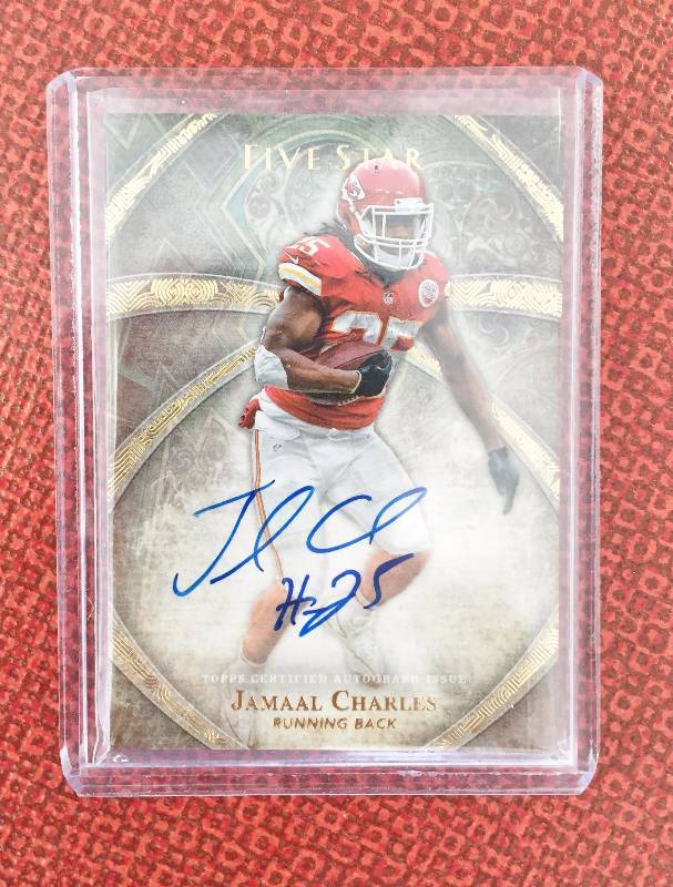 lot 1042 image: Jamaal Charles Autographed Card - Authentic Topps Certified Autograph - ALL TIME YARDS PER CARRY LEADER & CERTAIN CHIEFS HALL OF FAMER - MOST LIKELY NFL HALL OF FAMER