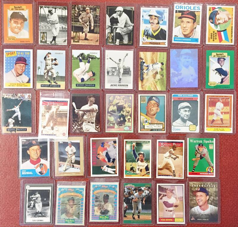 lot 1040 image: (33) Incredibly Rare Vintage Baseball Throwbacks - Babe Ruth - Mickey Mantle - Hank Aaron - Willie Mays - Satchel Paige  Over $175 Book Value