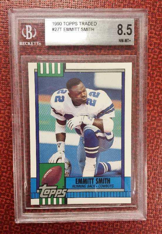 lot 1046 image: Emmitt Smith Dallas Cowboys Hall of Famer - Beckett Graded Nr mtMint 1990 Topps Rookie Card - Amazingly Rare Find