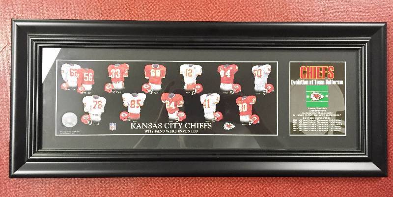 lot 1019 image: Kansas City Chiefs - History of Jerseys - Amazing Over sized  10 12 x 25 12 Inch Framed & Matted Display - Includes Rare Collectors Pin - Must See