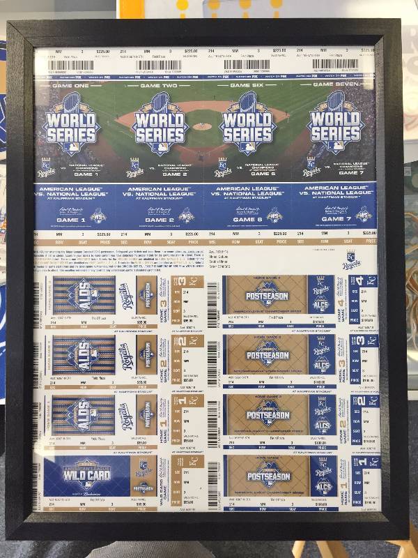 lot 1020 image: 2015 World Series Original MLB Uncut Ticket Sheet Kansas City Royals 14 Total World Series Tickets - Must See Framed - Measures 13 14 x 17 14
