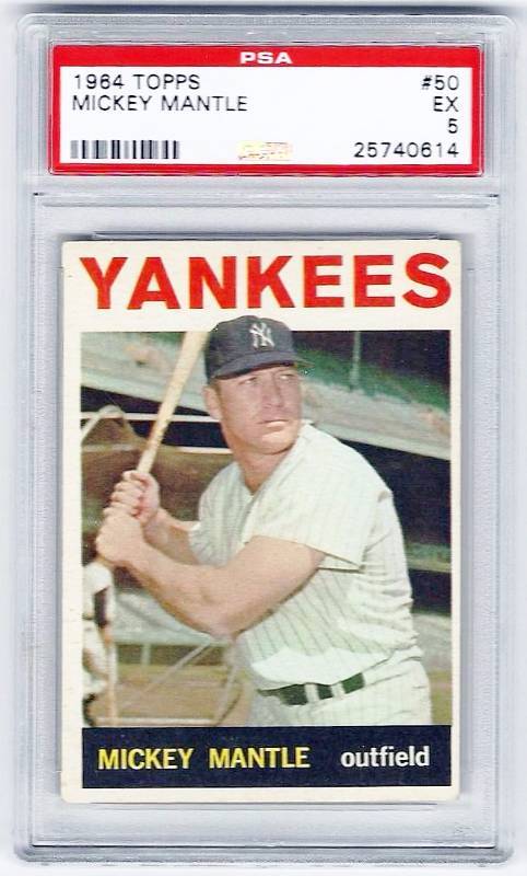 lot 998 image: 1964 Topps Mickey Mantle - Book Value $600 - PSA GRADED EXCELLENT -Amazingly Rare Authentic Vintage Card - Rare Piece of Hobby History