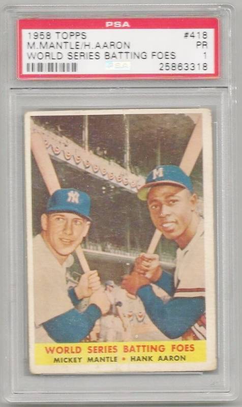 lot 999 image: 1958 Topps Mickey Mantle & Hank Aaron Authentic Vintage Baseball Card BOOK VALUE $500 - Authenticated by PSA #1 Authenticator in the World.  Amazing Card