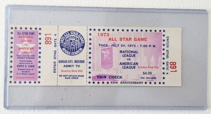 lot 1026 image: 1973 MLB ALL STAR GAME TICKET (WHITE) - 1ST EVER IN KANSAS CITY - KAUFMAN STADIUM - THE RAREST OF ALL TICKETS