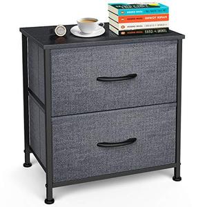 lot 9039 image: Yesker Nightstand with 2 Fabric Drawers - Sturdy Steel Frame, Small Dresser Storage Tower Organizer Unit for Child Room Bedroom Hallway Entryway Closets, Wide Wood Top, Easy Pull Handle Black Grey