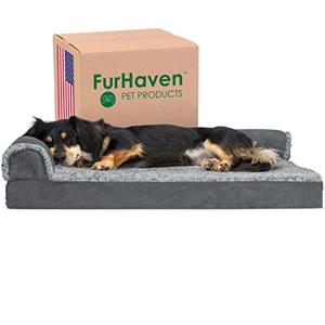 lot 9067 image: Furhaven Pet Bed for Dogs and Cats - Two-Tone Faux Fur and Suede L-Shaped Chaise Egg Crate Orthopedic Dog Bed, Removable Machine Washable Cover - Stone Gray, Medium