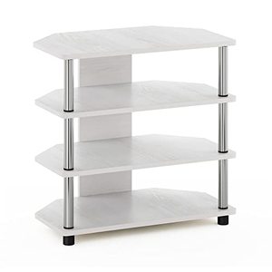 lot 9069 image: Furinno Econ Easy Assembly 4-Tier Petite Entertainment Center TV Stand for TV up to 25 Inch with Stainless Steel Tubes, White OakChrome
