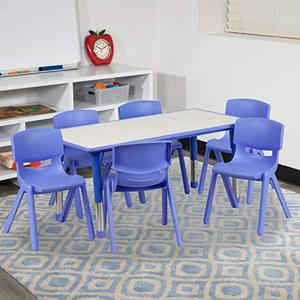 lot 9083 image: Flash Furniture 23.625W x 47.25L Rectangular Blue Plastic Height Adjustable Activity Table Set with 6 Chairs