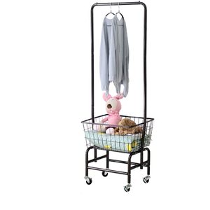lot 9092 image: Rolling Laundry Hamper Basket Cart with Wire Storage Rack and Hanging Rack Commercial Rolling Laundry Butler Black