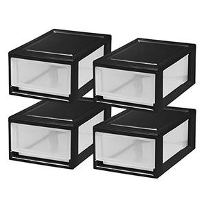 lot 9106 image: IRIS USA 6 Quart Compact Stacking Storage Drawer, Plastic Drawer Organizer with Clear Doors for Undersink, Kitchen, Pantry, Desk, and Home De-Clutter, Store Shoes and Craft Supplies, 4-Pack, Black