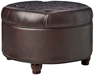 lot 9121 image: Homepop Home Decor  Large Button Tufted Faux Leather Round Storage Ottoman  Ottoman with Storage for Living Room & Bedroom (Distressed Brown)