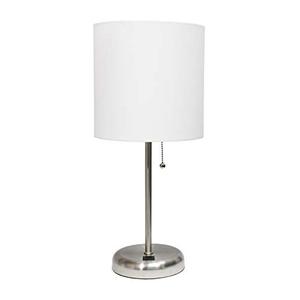 lot 9140 image: Limelights LT2044-WHT Stick USB Charging Port and Fabric Shade Table Lamp, Brushed SteelWhite