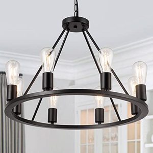 lot 9159 image: Brfaixla Wagon Wheel Chandelier for Kitchen Island with 8 Lights, 23.6 Black Metal Chandelier Lighting Rustic Vintage Farmhouse Round Pendant Light Fixture for Living Dining Room Entryway Foyer