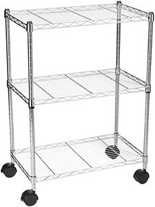 lot 9163 image: Amazon Basics 3-Shelf Adjustable, Heavy Duty Storage Shelving Unit on 4 Wheel Casters, Metal Organizer Wire Rack, Chrome (23.2L x 13.4W x 32.75H)