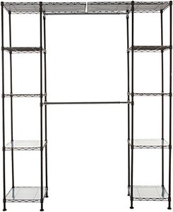lot 9184 image: Amazon Basics Expandable Metal Hanging Storage Organizer Rack Wardrobe with Shelves, 14-63 x 58-72, Bronze