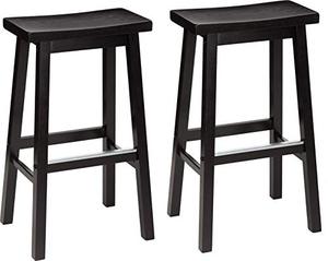 lot 9199 image: Amazon Basics Solid Wood Saddle-Seat Kitchen Counter Barstool - Set of 2, 29-Inch Height, Black