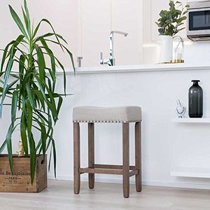 lot 9238 image: Nathan James Hylie Nailhead Wood Pub-Height Kitchen Counter Bar Stool 24, BeigeLight Brown