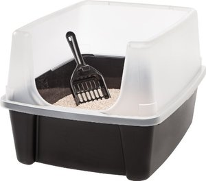 lot 9266 image: IRIS USA Cat Litter Box, Open Top Kitty Litter Box with Shield and Cat Litter Scoop, Black, Large (594409)