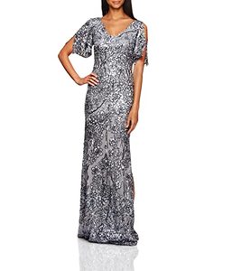 lot 9280 image: Alex Evenings Womens Long Sequin Dress with Flutter Sleeves, Silver, 14