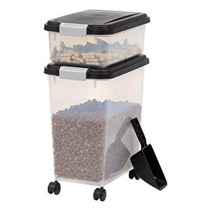 lot 9287 image: IRIS USA 3-Piece Airtight Pet Food Storage Container Combo with Scoop and Treat Box for Pet, Dog, Cat, and Bird Food, Black