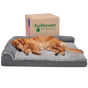 lot 9294 image: Furhaven Pet Bed for Dogs and Cats - Two-Tone Faux Fur and Suede L-Shaped Chaise Egg Crate Orthopedic Dog Bed, Removable Machine Washable Cover - Stone Gray, Jumbo (X-Large)
