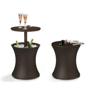 lot 9297 image: Keter Pacific 7.5 Gallon Cool Bar Resin Outdoor Patio Beverage Cooler Table Extra Storage Rattan Look Brown