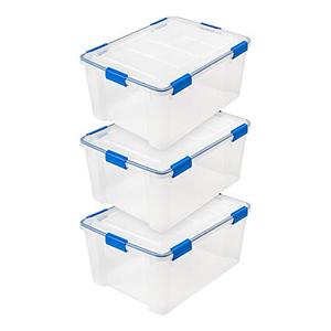 lot 9301 image: IRIS USA 60 Quart WeatherPro Plastic Storage Bin Tote Organizing Container with Durable Lid and Seal and Secure Latching Buckles, Clear With Blue Buckles, 60 Quart - 3 Pack
