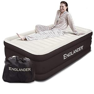 lot 9307 image: Englander Cal King Size Air Mattress w Built in Pump - Luxury Double High Inflatable Bed for Home, Travel & Camping - Premium Blow Up Bed for Kids & Adults - Brown