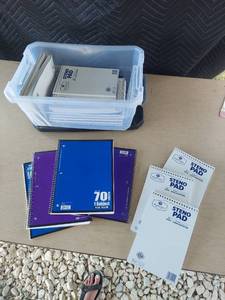 lot 3843 image: tub with steno pads and Spiral notebooks