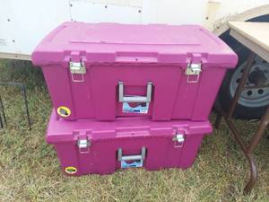 lot 3864 image: (2) Sterilite Footlocker, Berry Bright