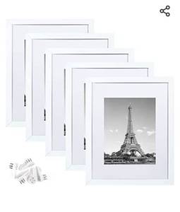 lot 71334 image: Upsimples 11x14 Picture Frame Set of 5, Display Pictures 8x10 with Mat or 11x14 Without Mat,Wall Gallery Photo Frames, White