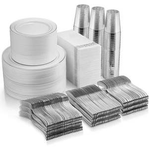 lot 1790 image: 700 Piece Silver Dinnerware Set - 200 Silver Rim Plastic Plates - 100 Silver Plastic Silverware - 100 Silver Plastic Cups - 100 Linen Like Silver Napkins, 100 Guest Disposable Silver Dinnerware Set