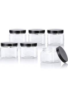 lot 1810 image: 16 oz Clear Plastic (BPA Free) PET Square Empty Jar with Black Smooth Lid (6 pack)