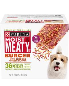lot 1816 image: Purina Moist & Meaty Dry Dog Food, Burger with Cheddar Cheese Flavor - 36 ct. Pouch