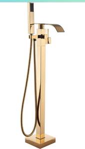 lot 1921 image: Bathroom Tub Filler Faucet Floor Mounted Bathtub Shower Faucet Waterfall Spout Free Standing Tub Mixer Tap with Handheld Sprayer Gold Polished