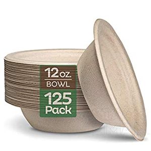 lot 1934 image: 100% Compostable 12 oz. Paper Bowls 125-Pack Heavy-Duty Quality Natural Disposable Bagasse, Eco-Friendly Biodegradable Made of Sugar Cane Fibers