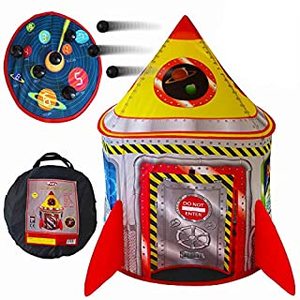 lot 1953 image: Playz 5-in-1 Rocket Ship Play Tent for Kids with Dart Board, Tic Tac Toe, Maze Game, & Immersive Floor - Indoor & Outdoor Popup Playhouse Set for Toddler, Baby, & Children Birthday Gifts (B07XZH4524)