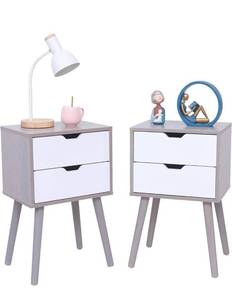 lot 1979 image: VIPACE Nightstand, End Side Table with 2 Drawer and Solid Wood Legs, Set of 2 (White&Grey)