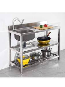lot 1981 image: Free Standing Stainless-Steel Single Bowl Commercial Restaurant Kitchen Sink Set w Faucet & Drainboard, Prep & Utility Washing Hand Basin. Retails $370