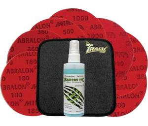 lot 1987 image: bowlingball.com Complete Bowling Ball Resurfacing and Cleaning Kit (Set of 7 Abralon Pads  Monster Tac  Track Shammy)